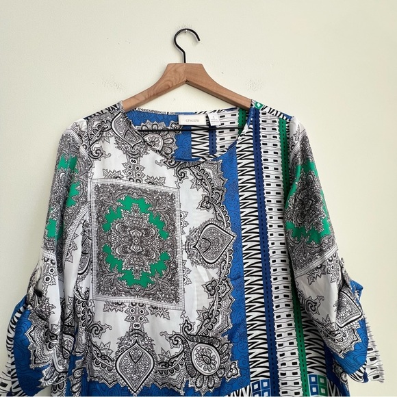 CHICOS 1 M Bandana Patchwork Roll Tab 3/4 Sleeve Blouse Satin Tapestry Scarf - Picture 3 of 11